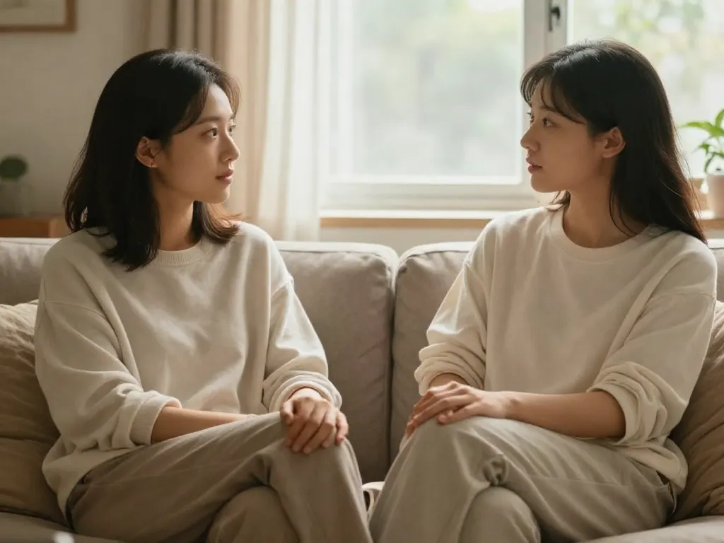A couple sitting close together on a couch having a calm, connected conversation in warm natural light
