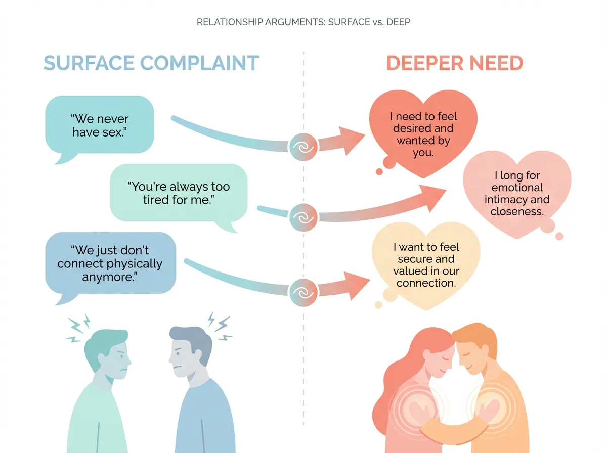 Infographic showing surface-level intimacy complaints on the left connected by arrows to the deeper emotional needs they represent on the right