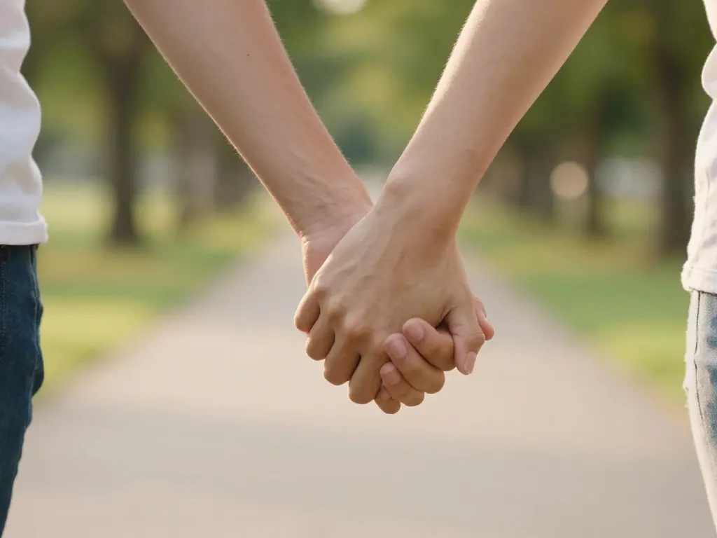 Close-up of a couple holding hands while walking in golden hour light, symbolizing physical reconnection and closeness