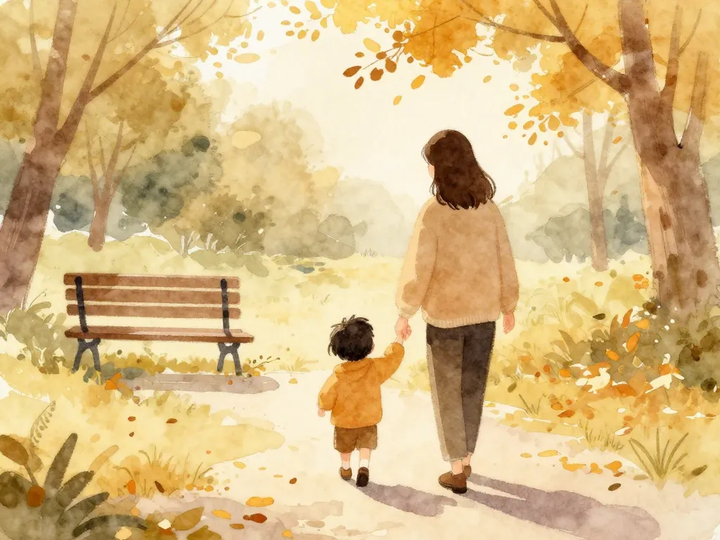 Watercolor illustration of a parent and child walking hand-in-hand through an autumn park, conveying warmth and security