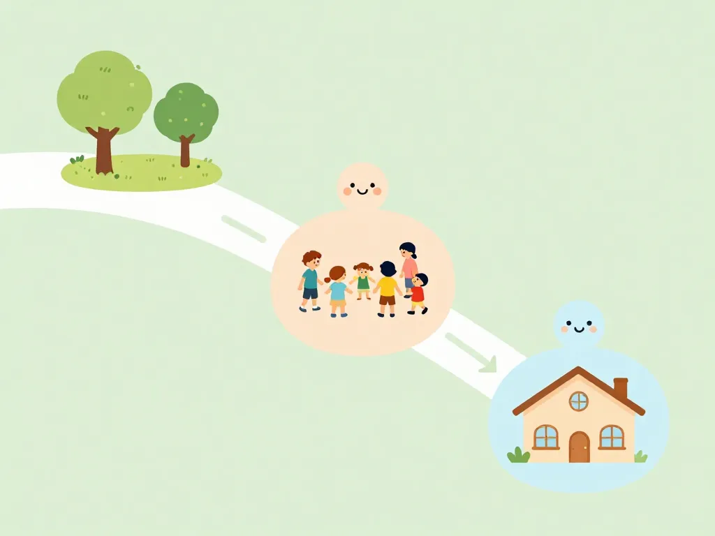 Illustrated timeline showing three phases of introducing a new partner to children: casual encounter, group activity, and integrated time at home
