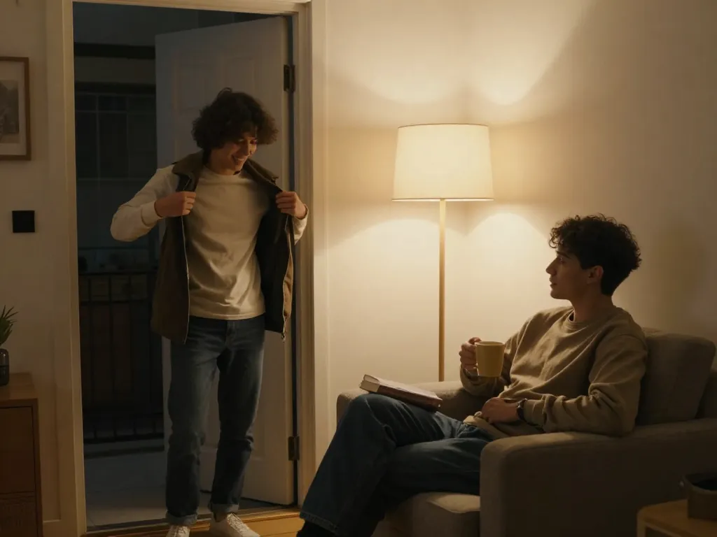 A couple decompressing at home after a social event — one energized, one quietly recharging — in a warm, peaceful living room