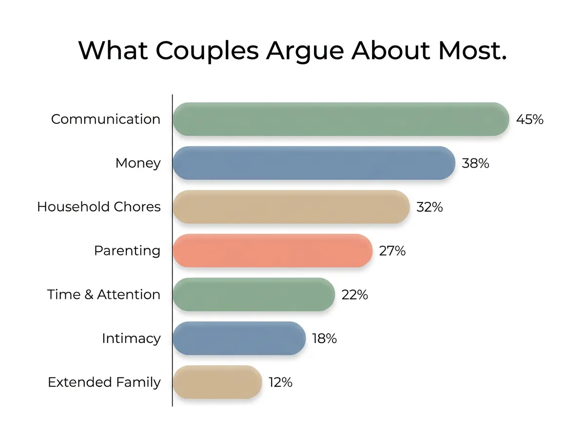 Infographic showing the most common topics couples argue about, including household chores, money, intimacy, and communication