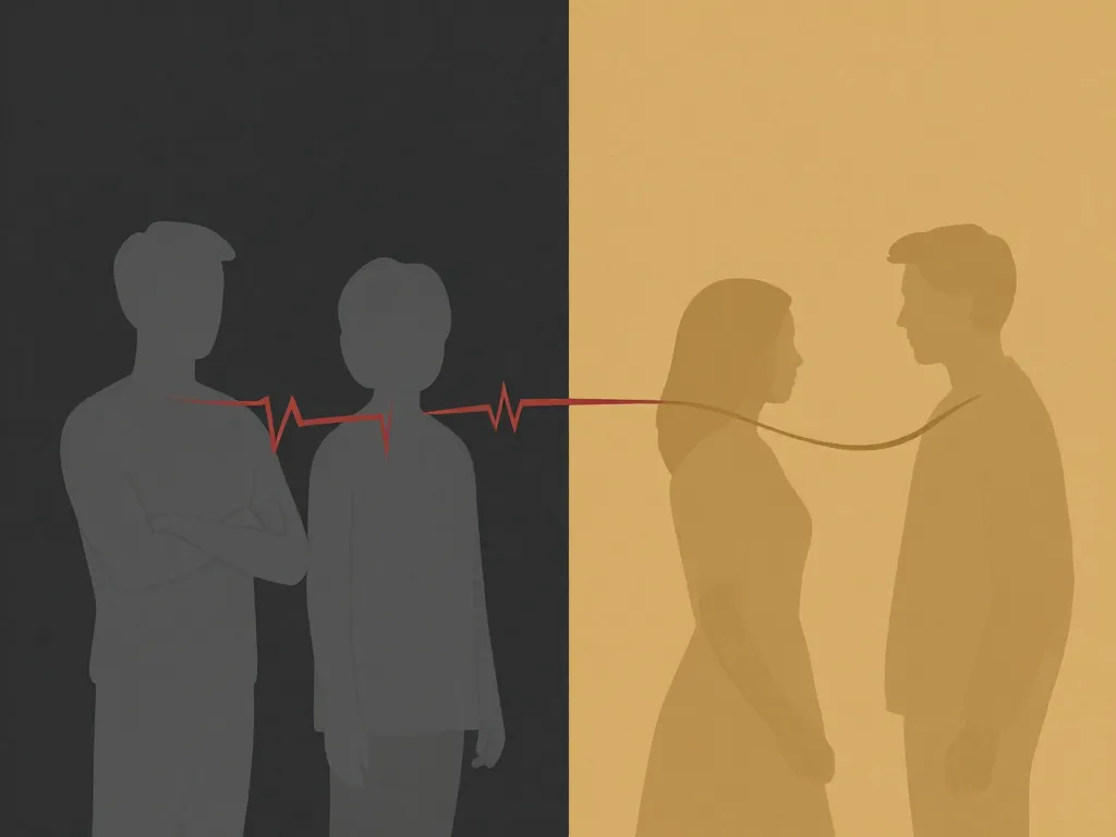 Illustration contrasting destructive conflict with two figures turned away versus healthy conflict with two figures facing each other openly