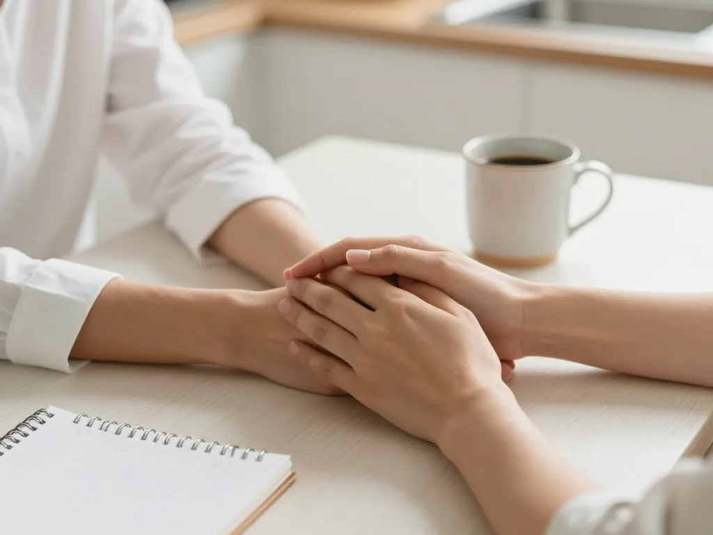 A couple's hands gently touching across a kitchen table in a gesture of reconnection after an argument