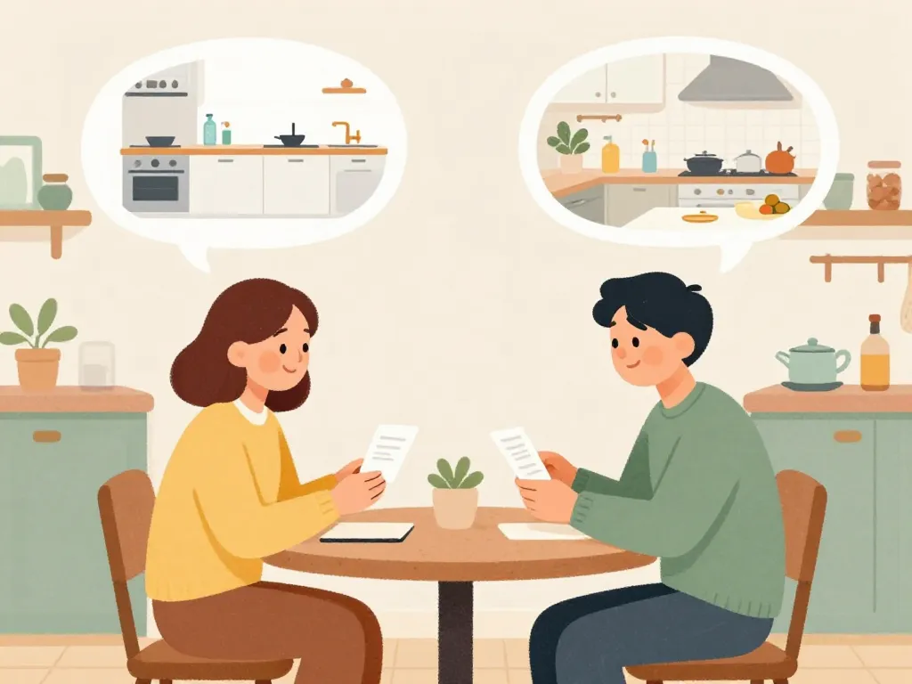 Illustration showing two roommates with different mental images of what a clean kitchen looks like, representing unspoken expectations