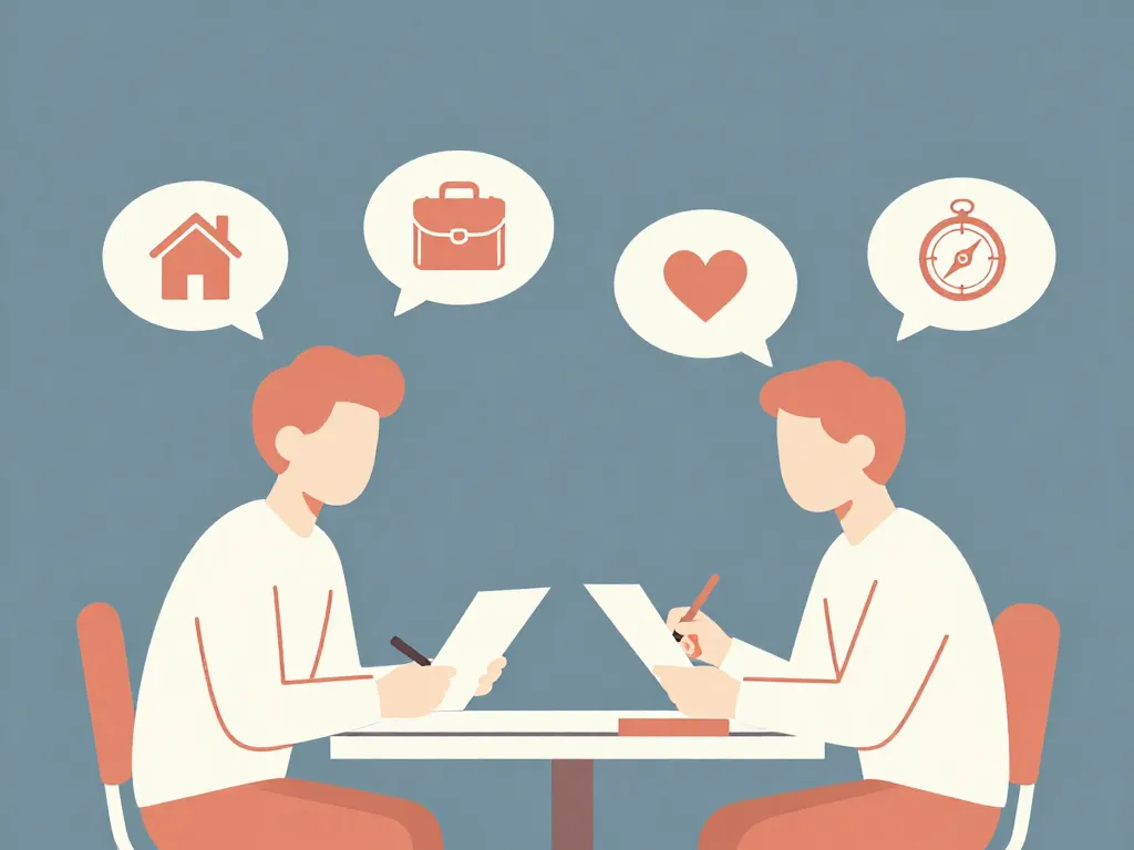 Illustration of two partners sitting across from each other writing down their values and priorities, with thought bubbles showing a house, briefcase, heart, and compass