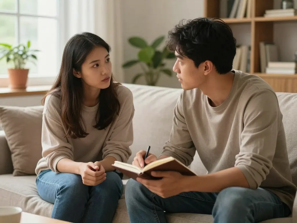 A couple having a serious but respectful conversation on a couch, one holding a notebook, natural daylight illuminating the room
