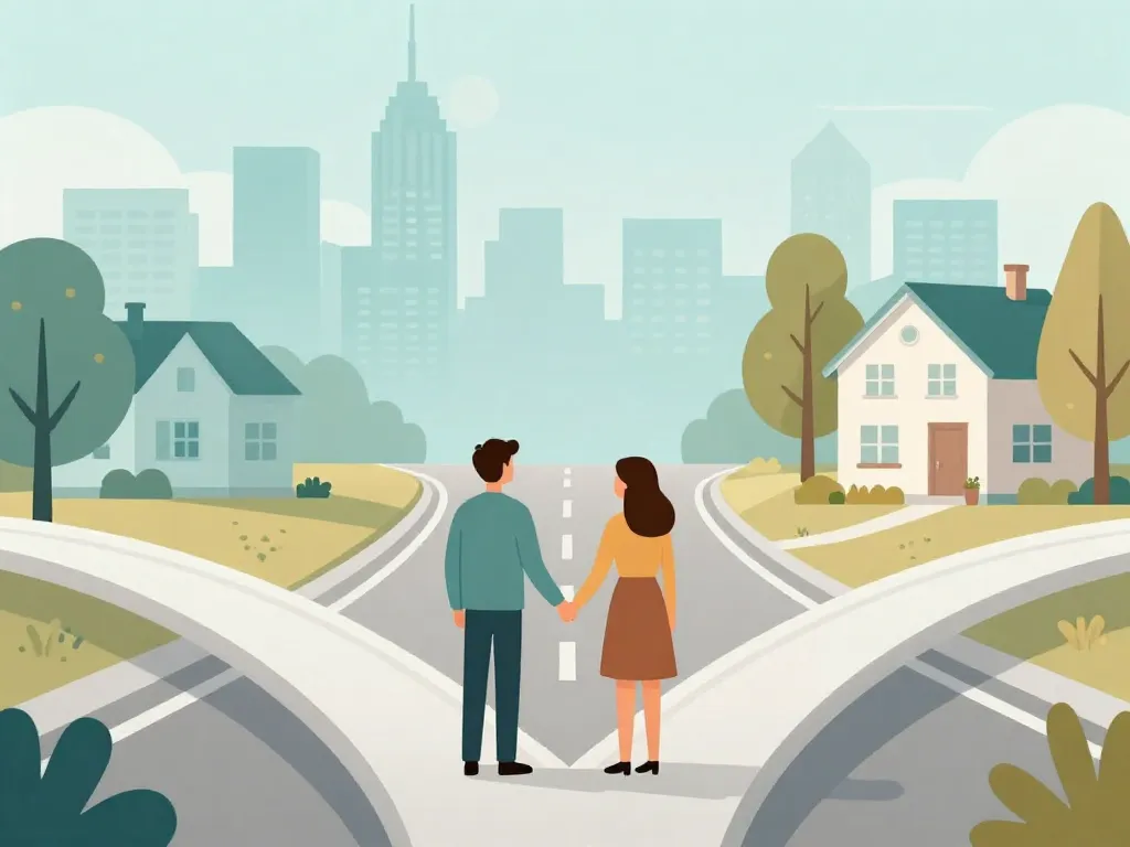 Illustration of a couple holding hands at a fork in the road, with one path leading to a new city skyline and the other toward a familiar home neighborhood