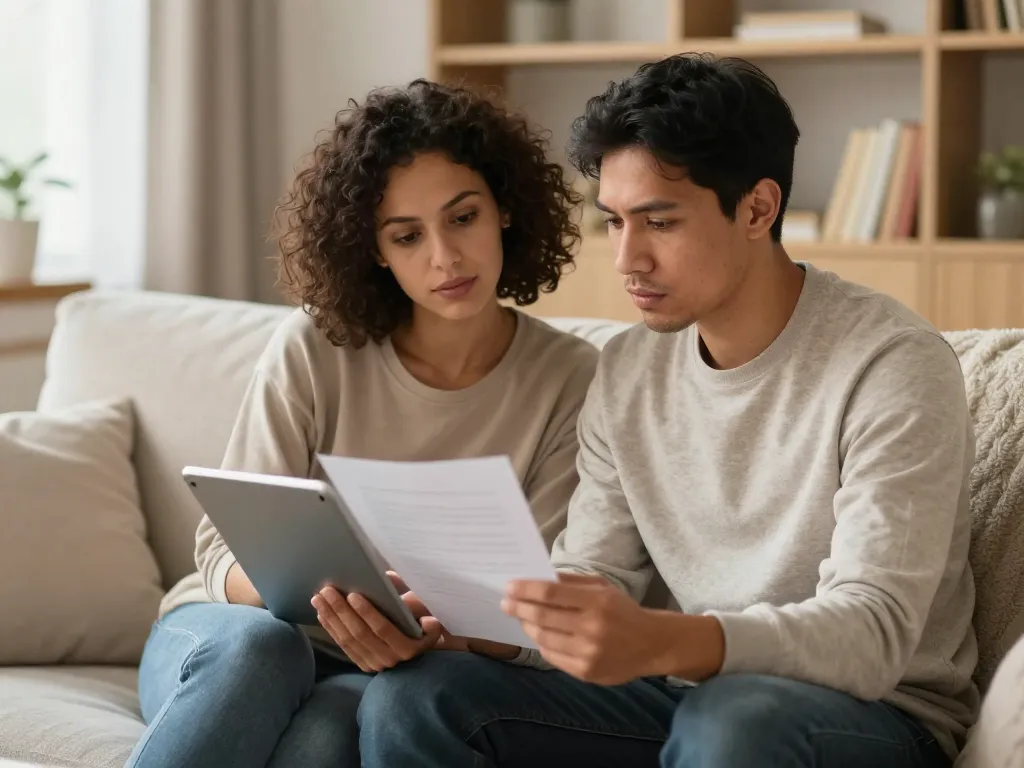 Couple sitting together on a couch reviewing a financial document calmly and collaboratively