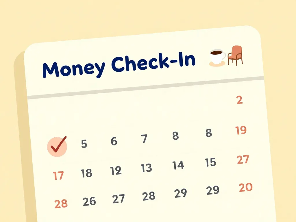 Illustration of a monthly calendar with a recurring money check-in date marked for couples