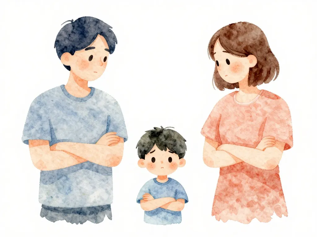 Illustration of a child standing between two parents facing opposite directions, depicting the emotional position children occupy between two households