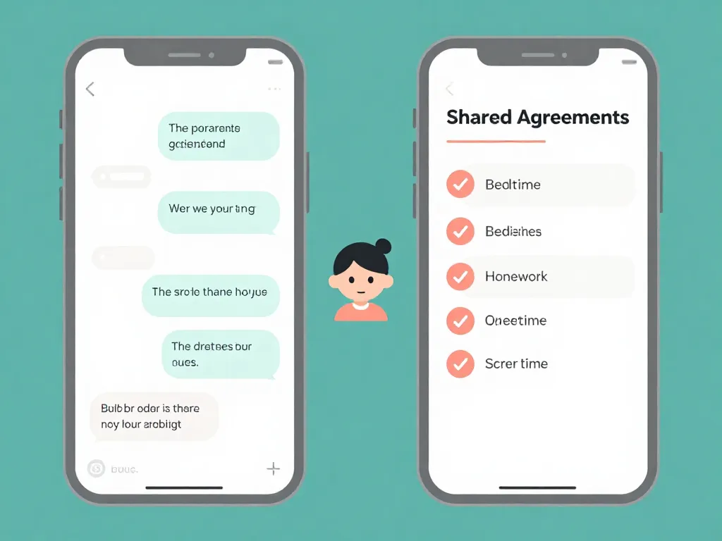 Illustration of two phones showing coparent communication alongside a shared agreements checklist, representing direct communication between households