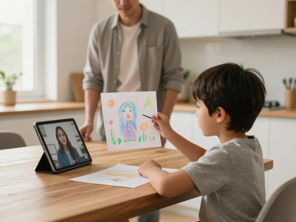 A child showing a drawing to a parent on a video call while the other parent steps back