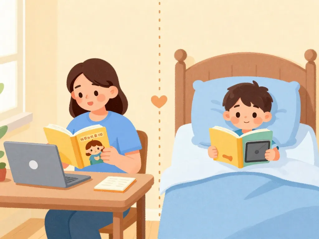 Split illustration of a parent and child reading the same book together over a video call