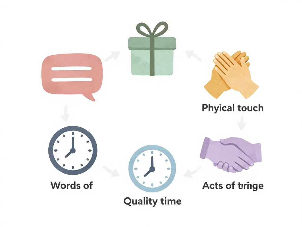 Illustration of five love language icons with arrows showing how preferences can shift between them over time