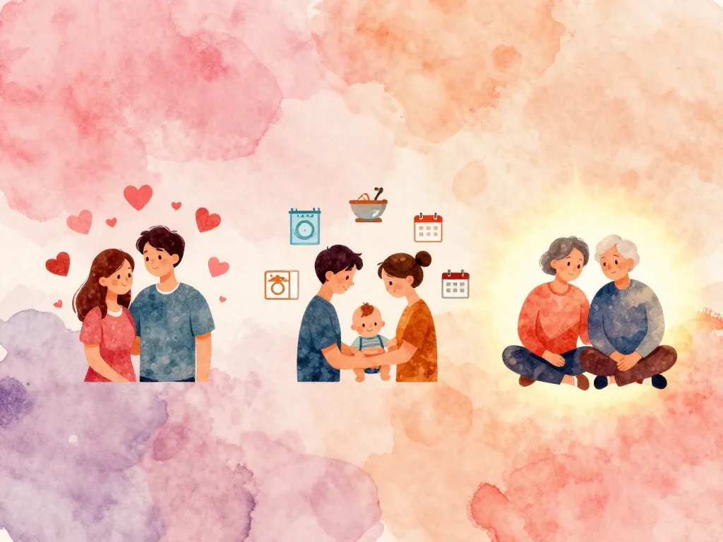 Watercolor timeline illustration showing how a couple's emotional needs and love languages evolve through different life stages