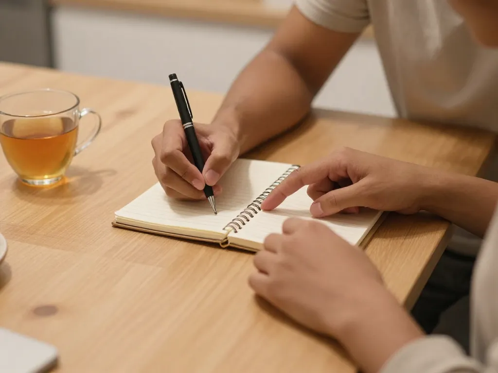 Two people's hands collaborating over a notebook at a kitchen table during an intentional relationship check-in