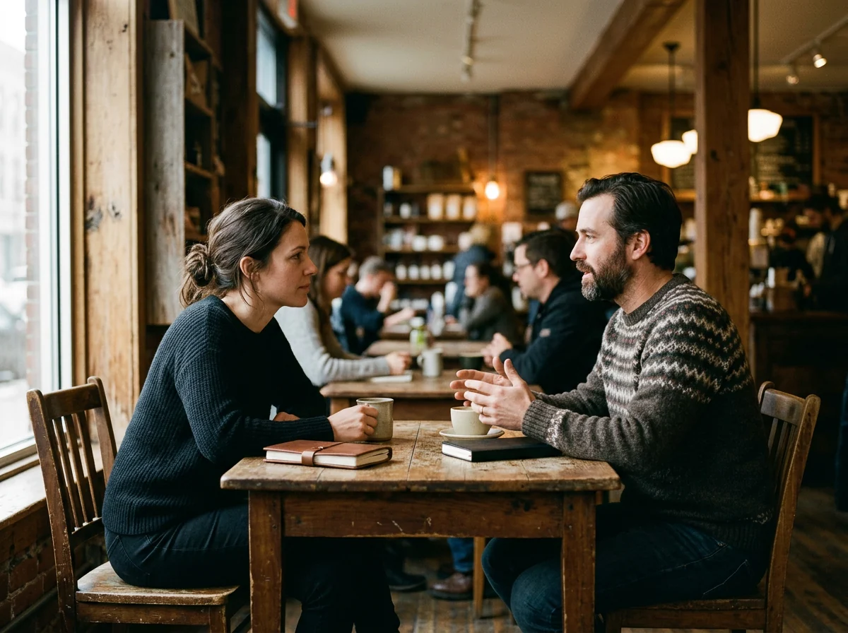 Two cofounders having a one-on-one conversation in a coffee shop