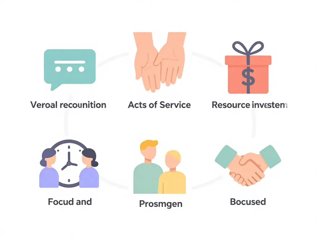 Illustration of the five cofounder love languages: Verbal Recognition, Acts of Service, Resource Investment, Focused Attention, and Symbolic Gestures