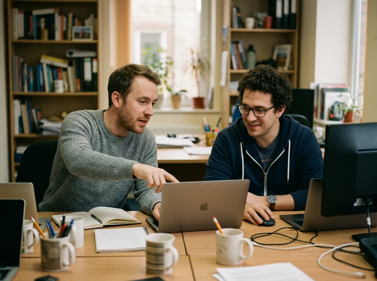 Two cofounders working side by side at a shared desk