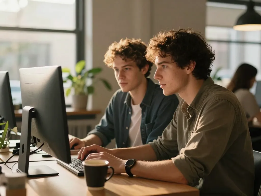 Two cofounders working closely together at a shared desk, demonstrating focused attention and partnership