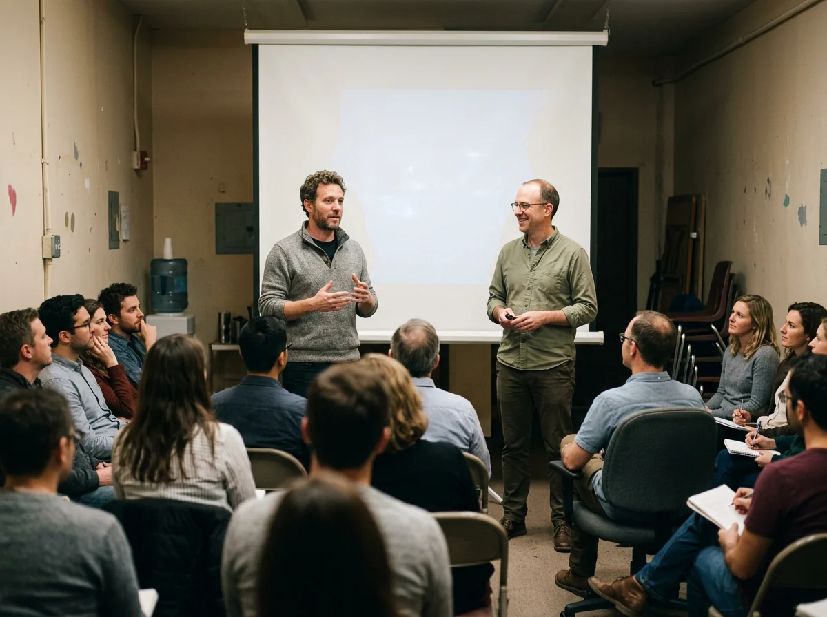 Two cofounders presenting together to a small audience