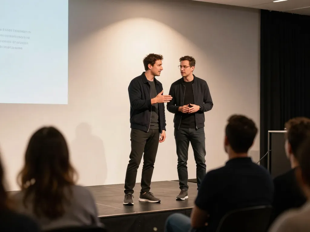 Two cofounders presenting together at a startup event, symbolizing partnership and shared credit