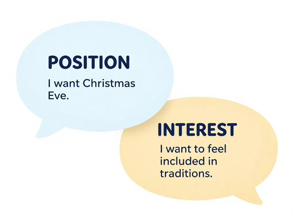 Illustration comparing a co-parenting position statement versus the underlying interest beneath it