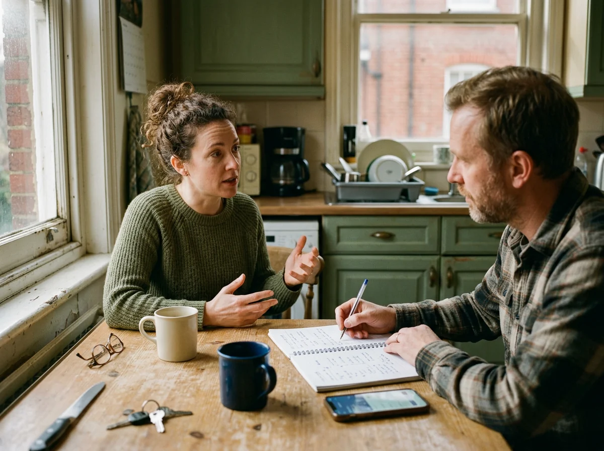 A couple at a kitchen table writing notes together while reviewing shared household finances