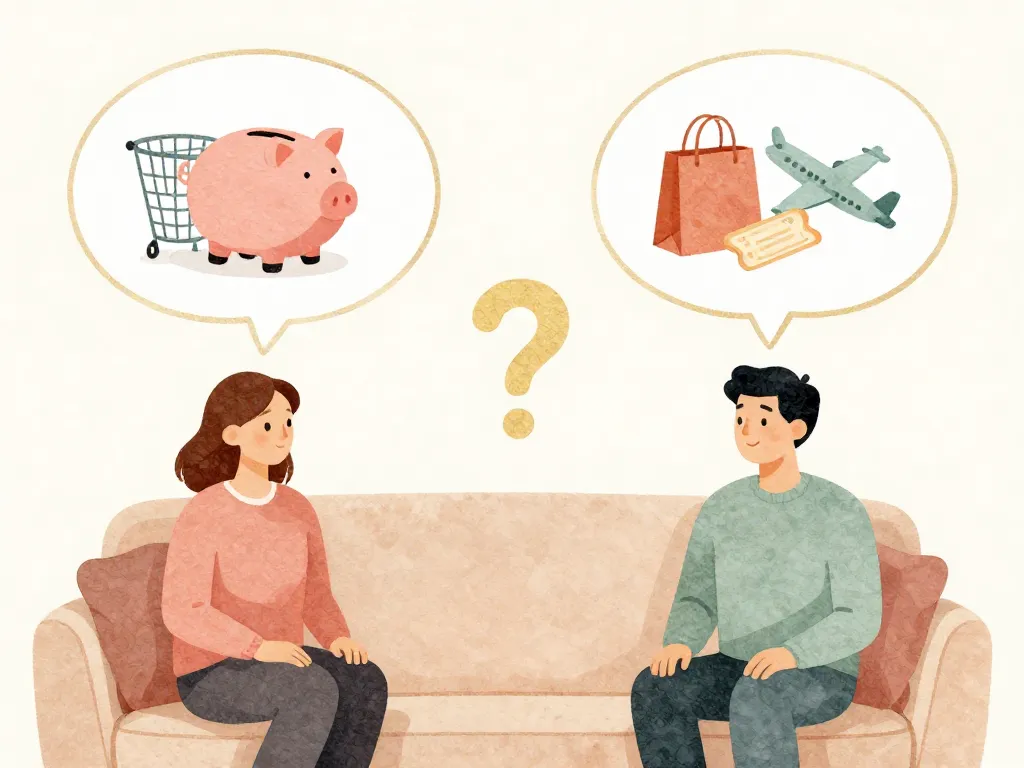 Illustration of two partners with different financial mindsets represented by thought bubbles showing saving versus spending priorities