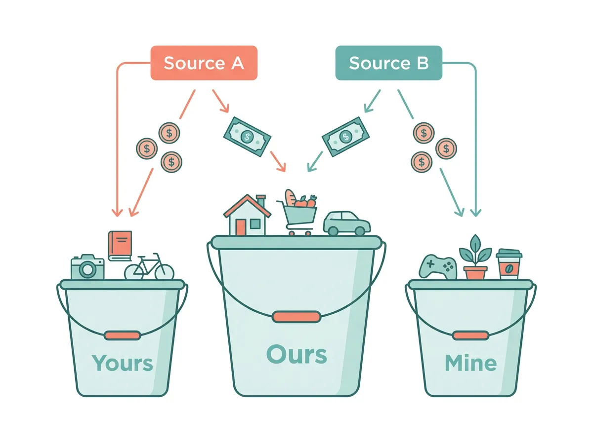 Diagram showing the yours, mine, and ours financial system for couples with three labeled accounts and money flow arrows