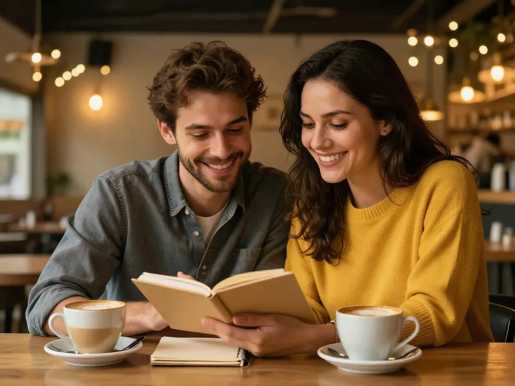 Relaxed couple having a money date at a cozy café, reviewing finances together over coffee