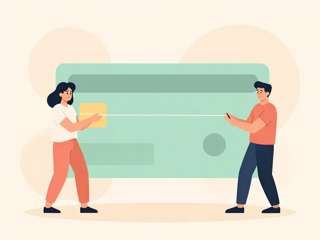 Illustration of a couple gently pulling a dollar bill in opposite directions, representing financial disagreements