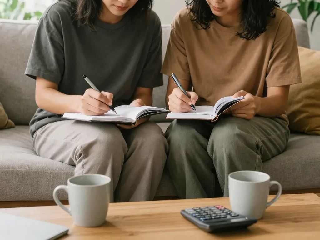 A couple sitting together on a couch writing in separate notebooks, representing individual financial reflection within a partnership