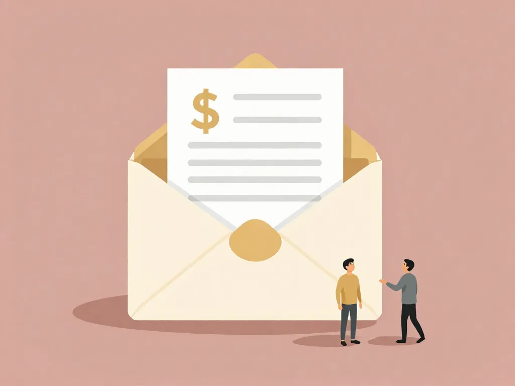 Illustration of a person standing before a large financial document while their partner approaches supportively, representing debt disclosure in relationships