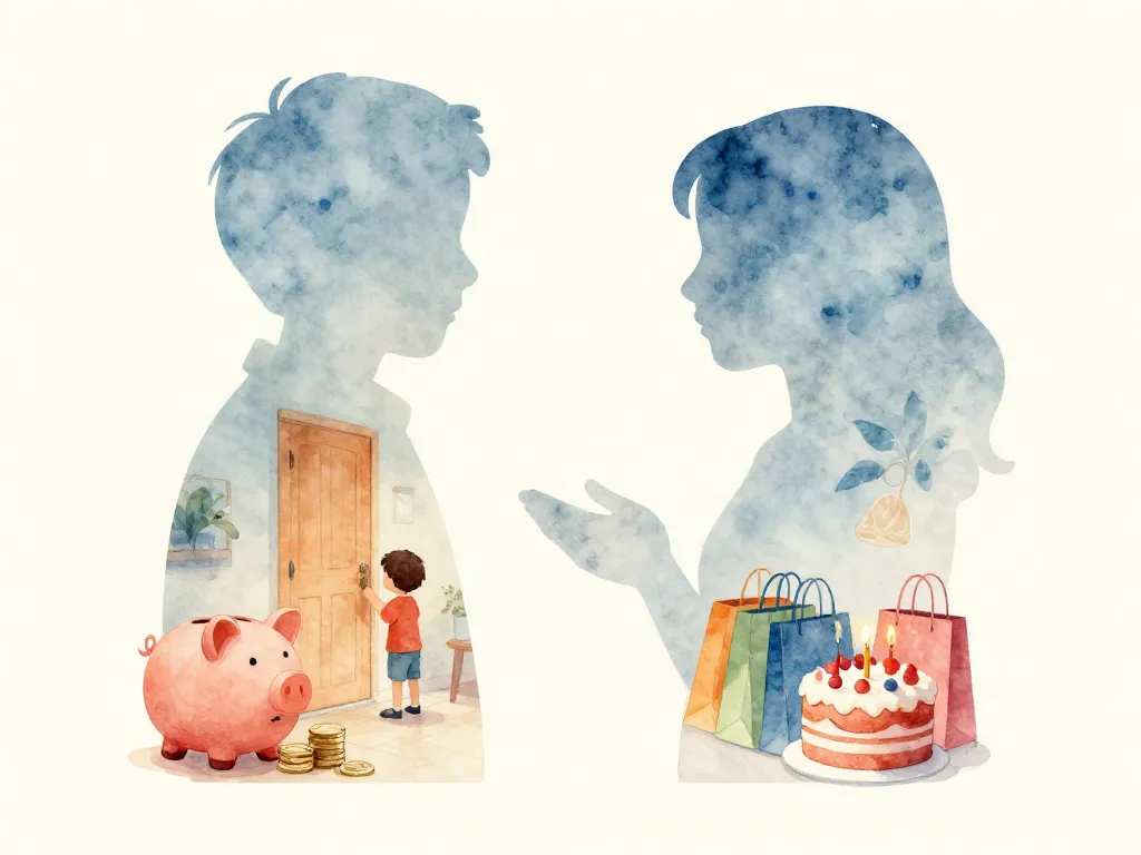 Illustration of two human silhouettes facing each other, each filled with different childhood money-related memories