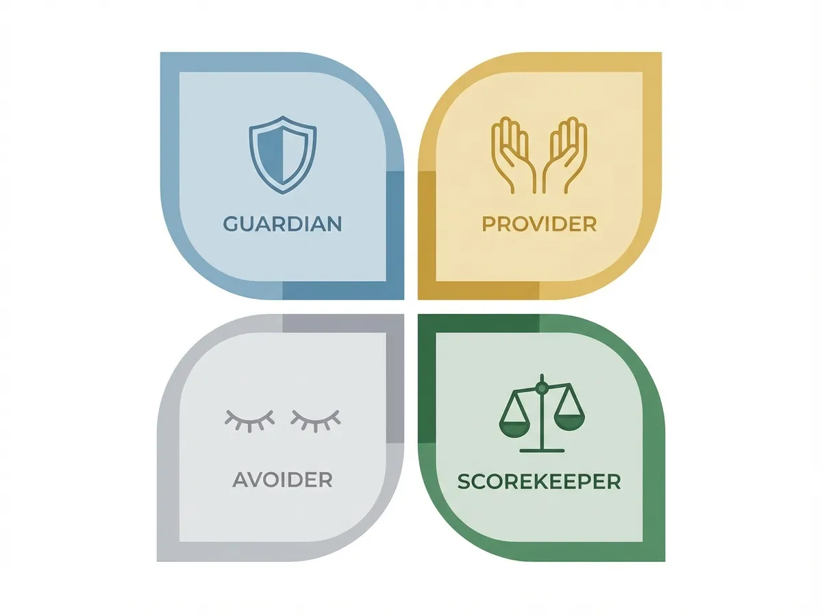 Diagram showing four childhood money blueprint types: Guardian, Provider, Avoider, and Scorekeeper with representative icons