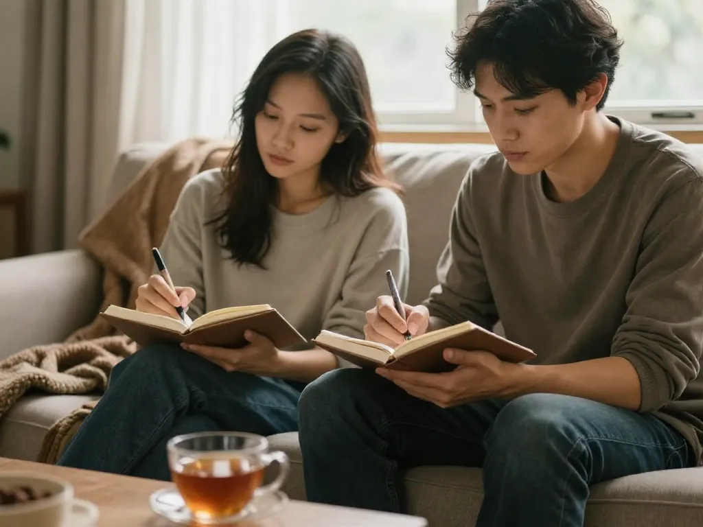 A couple sitting together on a couch, each writing in personal journals during a reflective money blueprint exercise