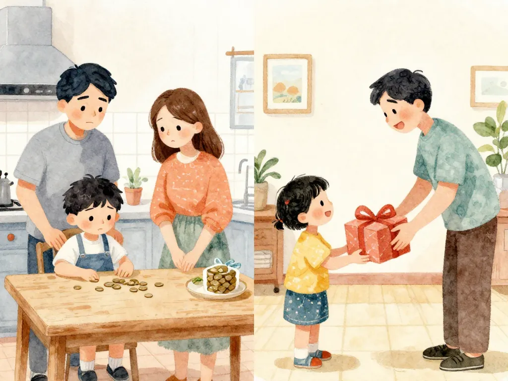 Illustration showing two different childhood experiences with money side by side, representing different money stories partners bring to a relationship