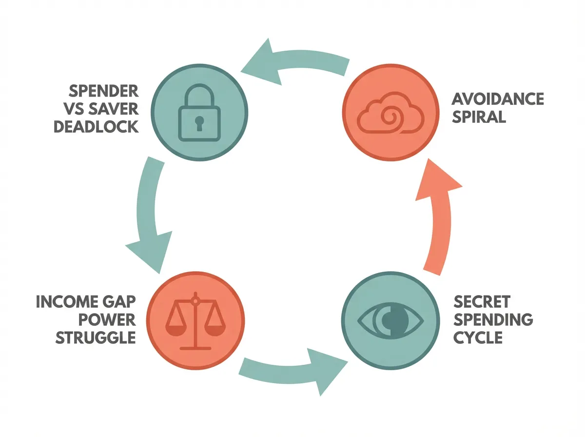 Diagram showing the four recurring patterns in couples money fights: Spender vs Saver Deadlock, Income Gap Power Struggle, Secret Spending Cycle, and Avoidance Spiral