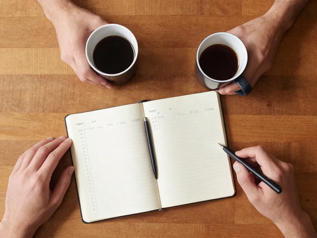 Overhead view of a couple's hands near a shared notebook during a collaborative financial planning session