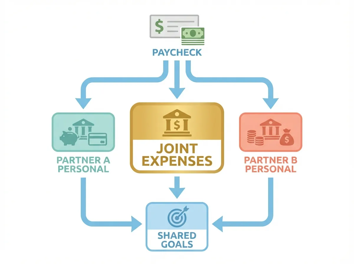 Diagram showing the three-account money system for couples: joint expenses, two personal accounts, and a shared goals account