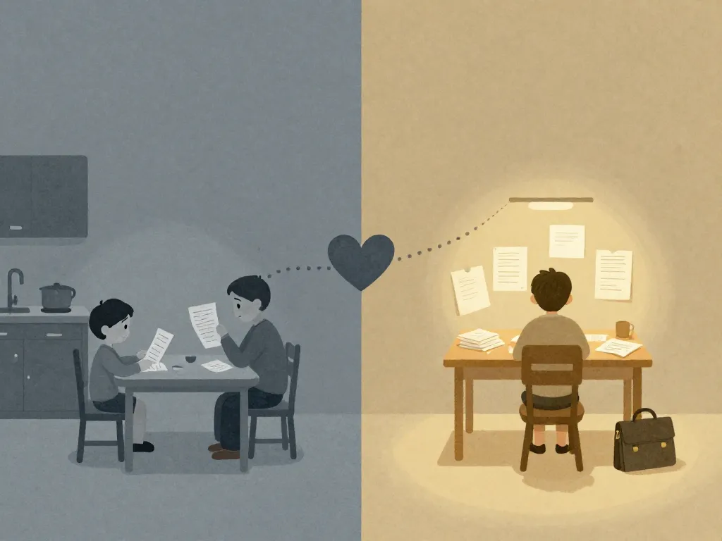 Split illustration showing two different childhood experiences with money: one family stressed over bills, another with a workaholic parent