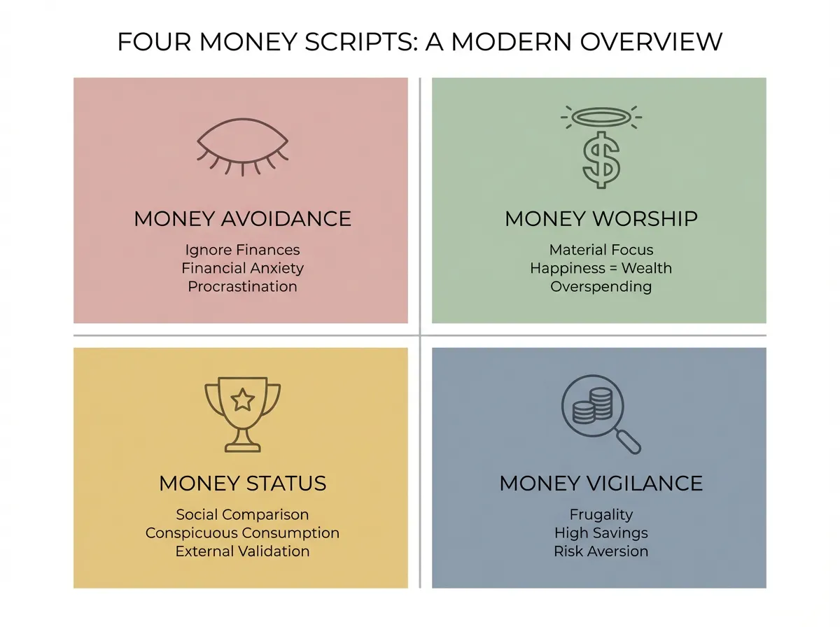 Infographic showing four money script types: Money Avoidance, Money Worship, Money Status, and Money Vigilance with key traits for each