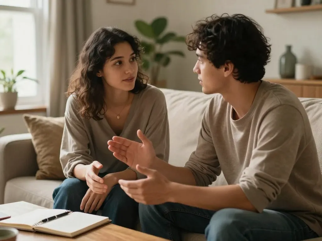 A couple having an open and vulnerable conversation on a couch with a notebook nearby, warm natural lighting