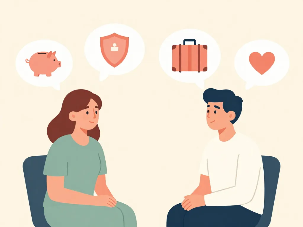 Illustration of a couple with different thought bubbles representing contrasting money values — security versus enjoyment