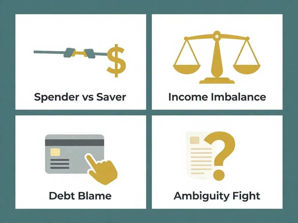 Infographic showing four common types of money fights couples have: spender vs saver, income imbalance, debt blame, and ambiguity