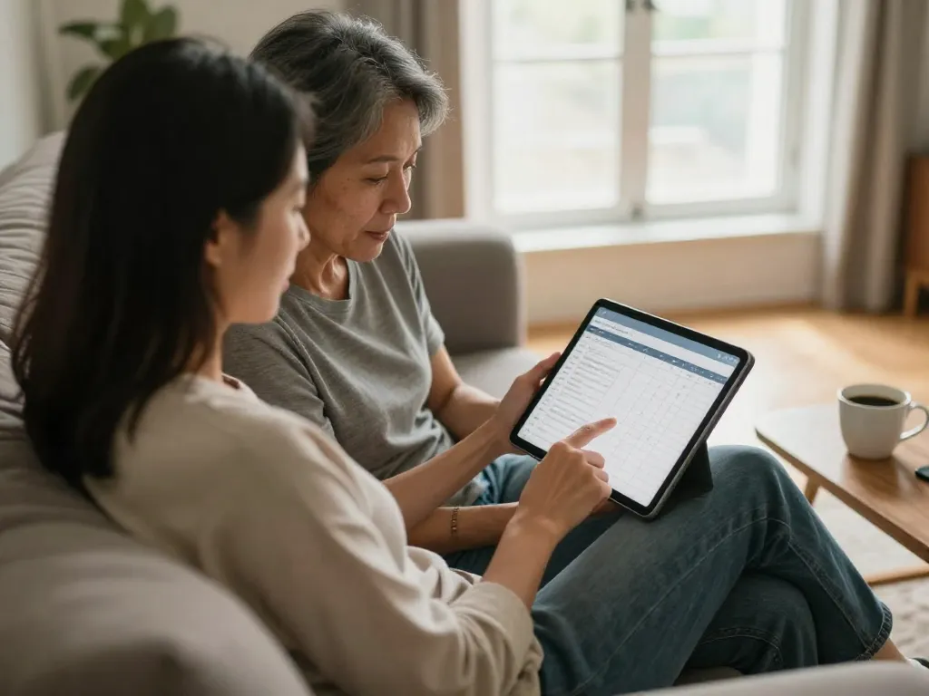 A couple collaboratively reviewing their budget together on a tablet during a relaxed weekend morning