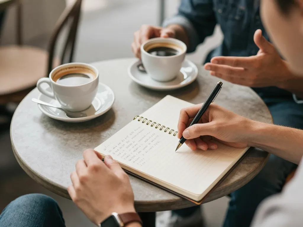 Overhead view of a couple having a relaxed monthly money meeting at a cafe with coffee and a notebook